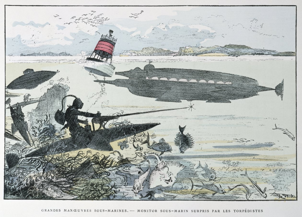 Undervandsmanøvrer, fra "Le XXeme Siecle, La Vie Electrique", ca.1890 af Albert Robida