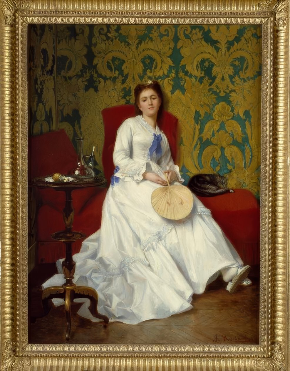Albert Roosenboom, Lady in White with a Fan / Maleri, 1800-tallet af Albert Roosenboom