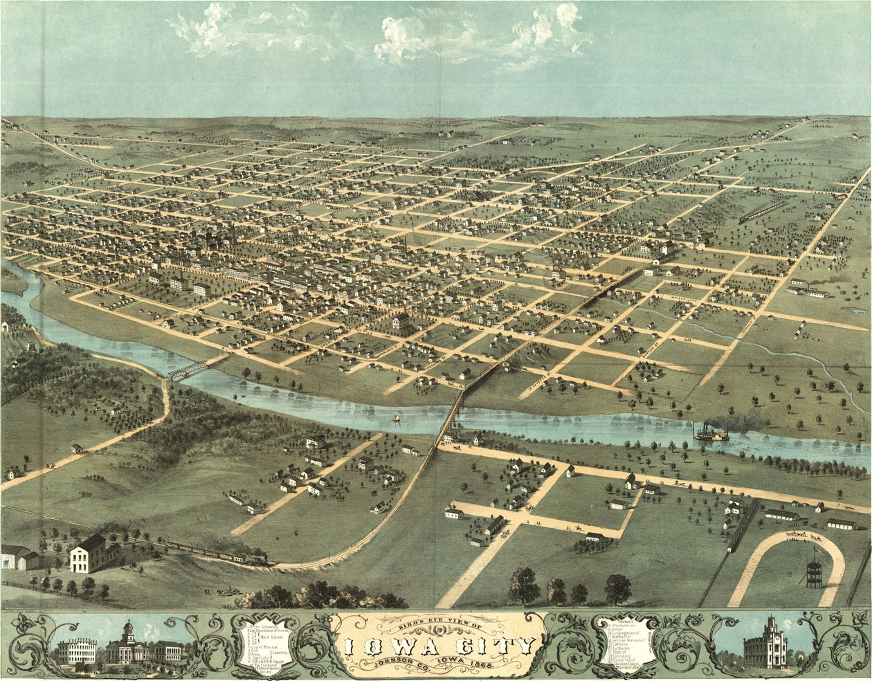 Et fugleperspektiv over Iowa City, Iowa i 1868 af Albert Ruger
