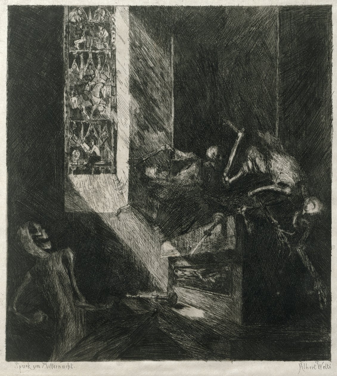 Apparition at Midnight, 1888 (radering på japansk lagt papir) af Albert Welti