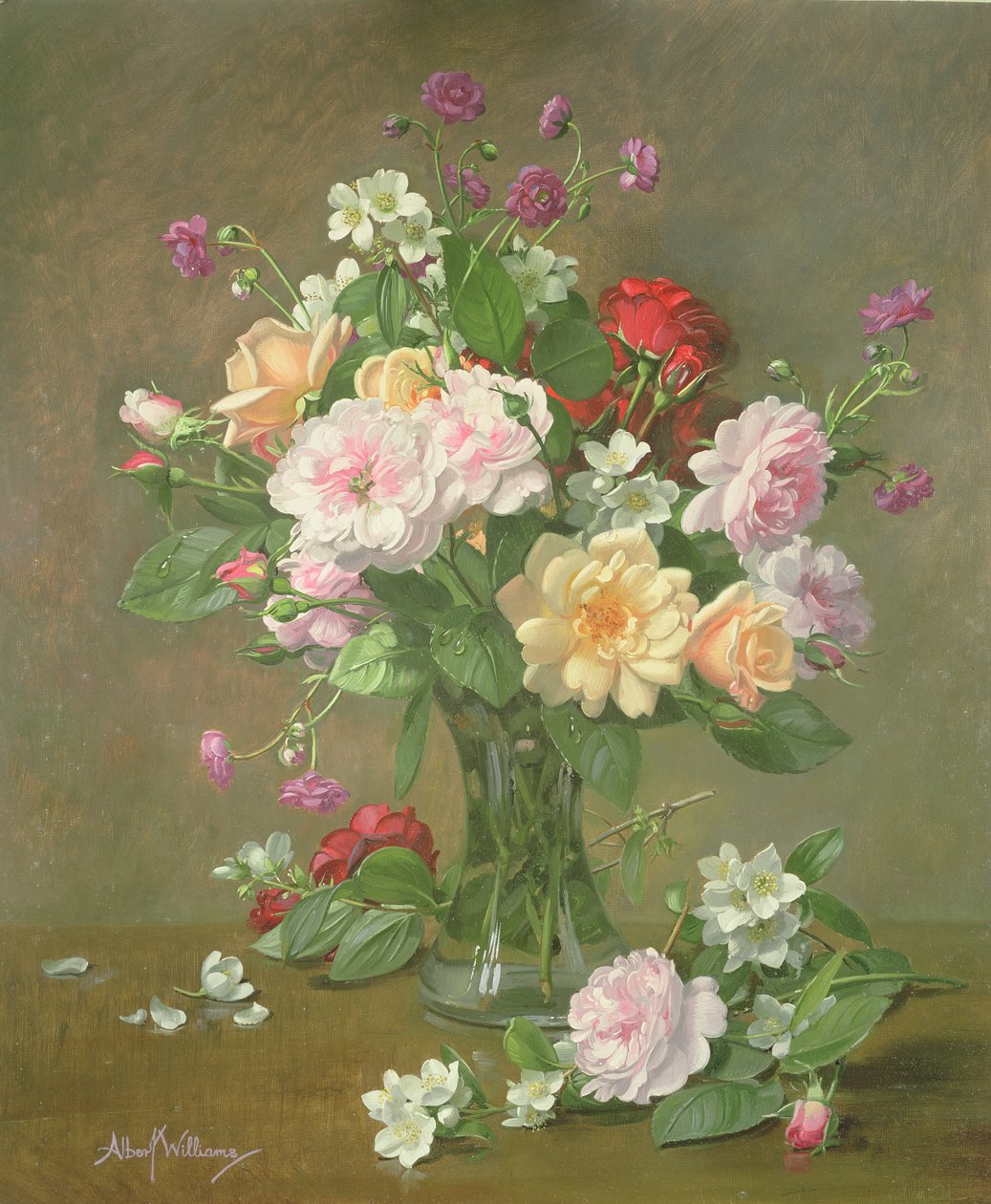 Roser og Gardenia i en glasvase af Albert Williams