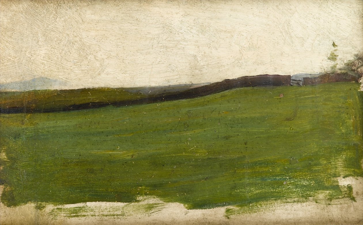 Landskab med grøn eng og lukket mur, ca. 1900 (olie på rathbone præpareret kunstnerpanel) af Albert de Belleroche