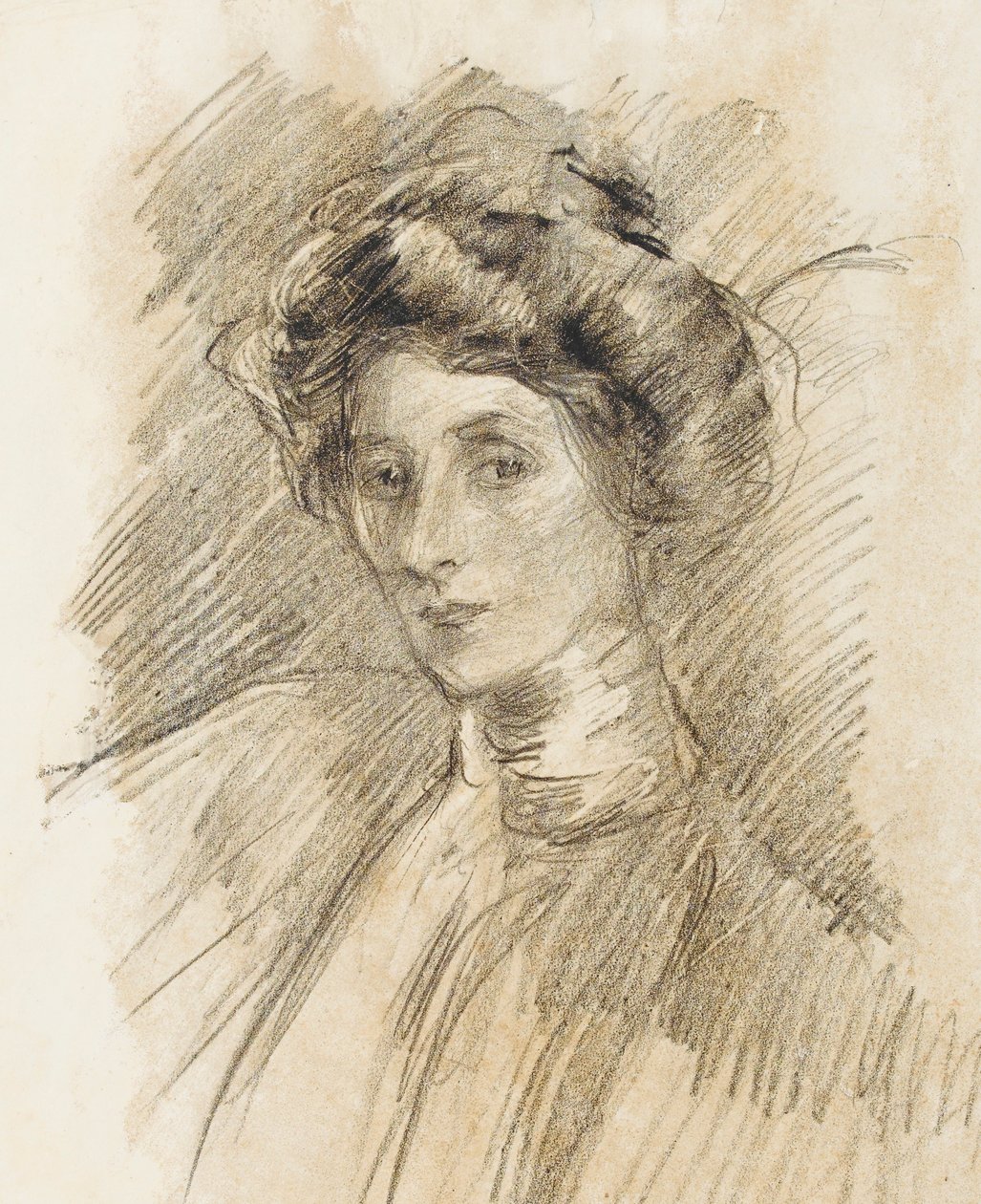 Portræt af en kvinde med høj krave, hoved og skuldre, ca. 1905 (litografisk farveblyant på transferpapir) af Albert de Belleroche