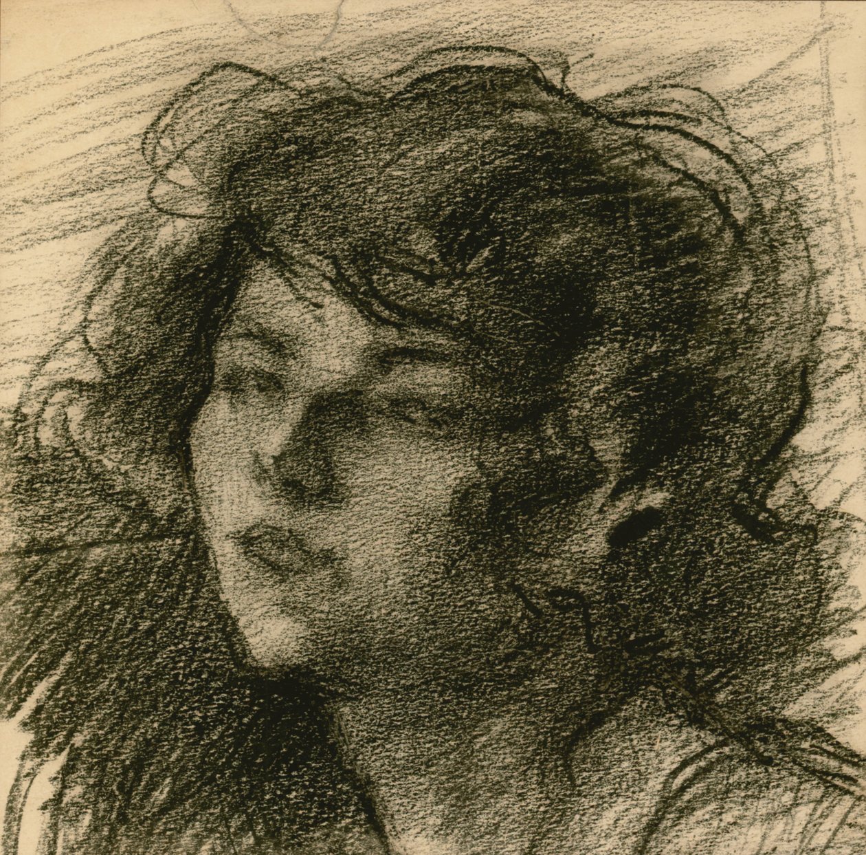 Portræt af en ung kvinde, let hævet hage, ca. 1900 (sort kridt & litografisk farveblyant) af Albert de Belleroche