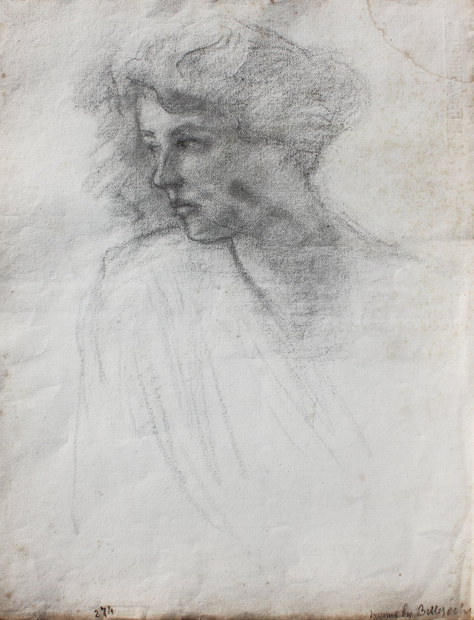 Portræt af kunstnerens hustru, hoved og skuldre, trekvart billede, ca. 1905 (sort kridt på papir) af Albert de Belleroche