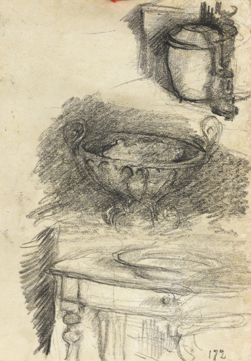 Stilleben med køkkenredskaber, ca.1890 (sort kridt på papir) af Albert de Belleroche