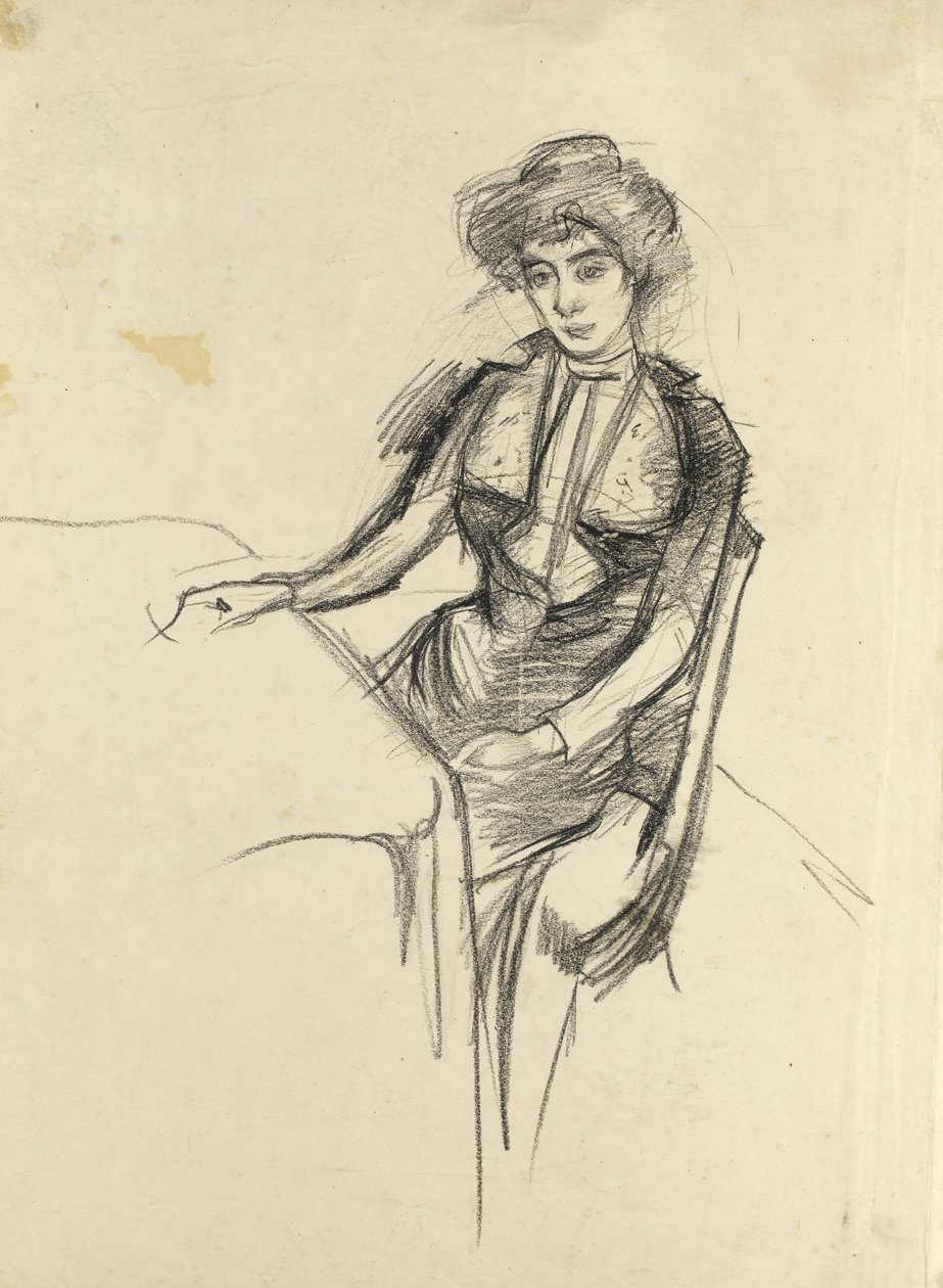 Kvinde siddende ved et bord, ca. 1900 (sort kridt på papir) af Albert de Belleroche