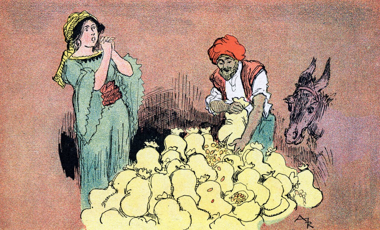 Ali Baba viser guldposerne til sin kone Illustration af Albert Robida til Ali Baba and the Forty Thieves 1945 Private Collection af Albert (after) Robida