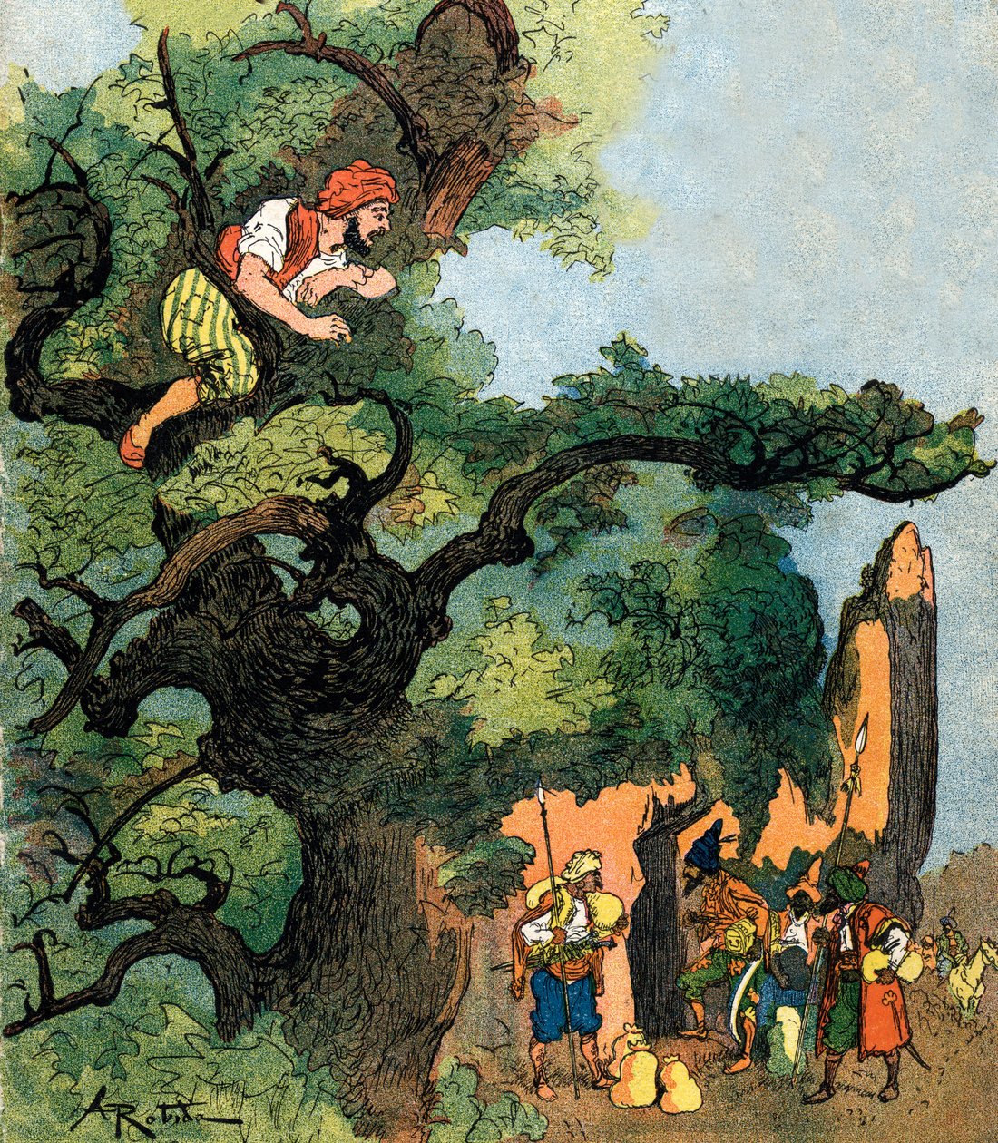 Ali baba overhører en gruppe på fyrre tyve, der besøger deres skattebutik Illustration af Albert Robida til Ali Baba and the Forty Thieves 1945 Private Collection af Albert (after) Robida