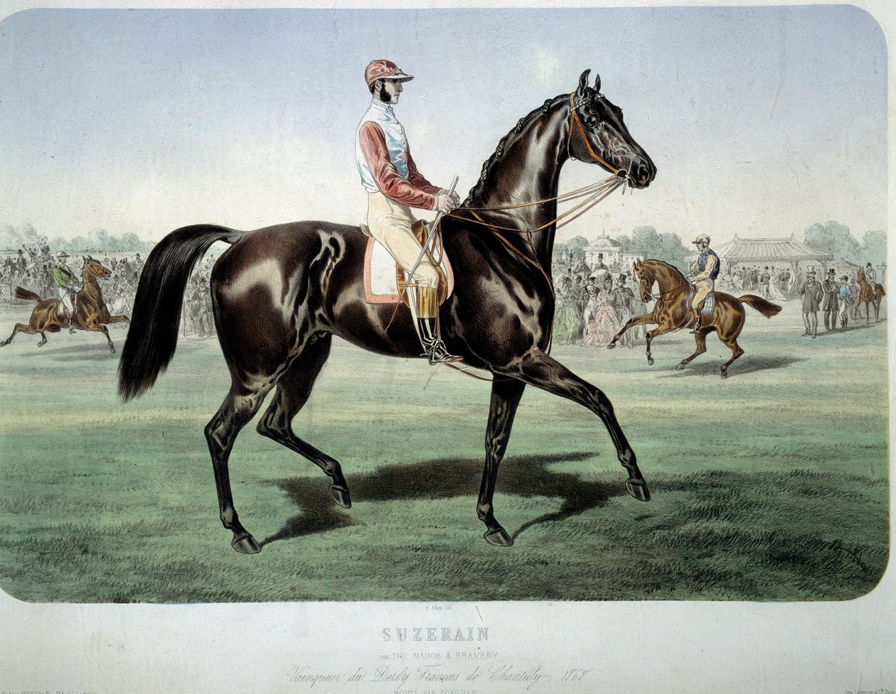 Racing: "" Suzerain, vinder af Chantilly-derbyet i 1868"" Litografi af Albert Adam (1833-?) Privat samling af Albert Adam