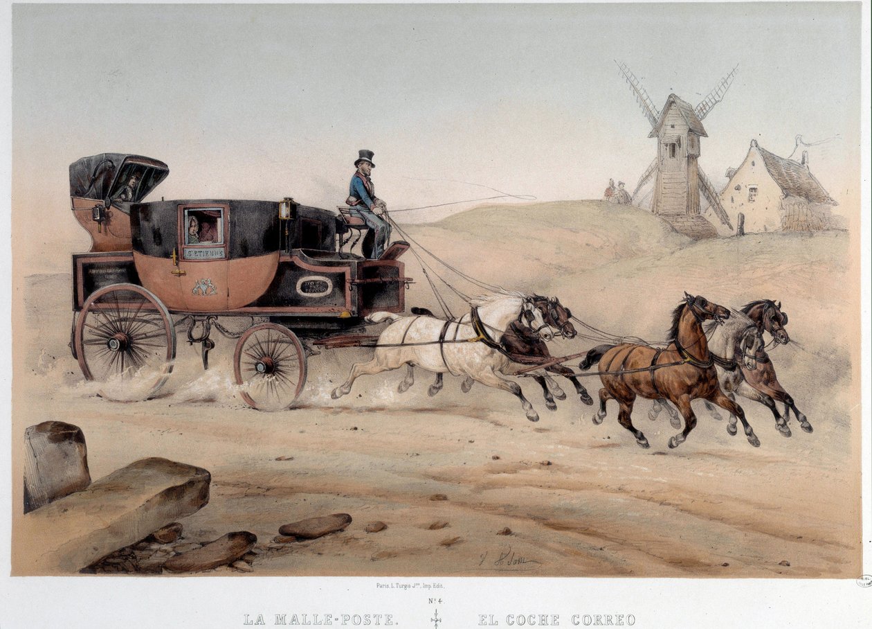 Bagagestolpen, der fortjener byen Saint Etienne Litografi af Albert Adam (1833-?) Paris fra det 19. århundrede, Musee Carnavalet af Albert Adam