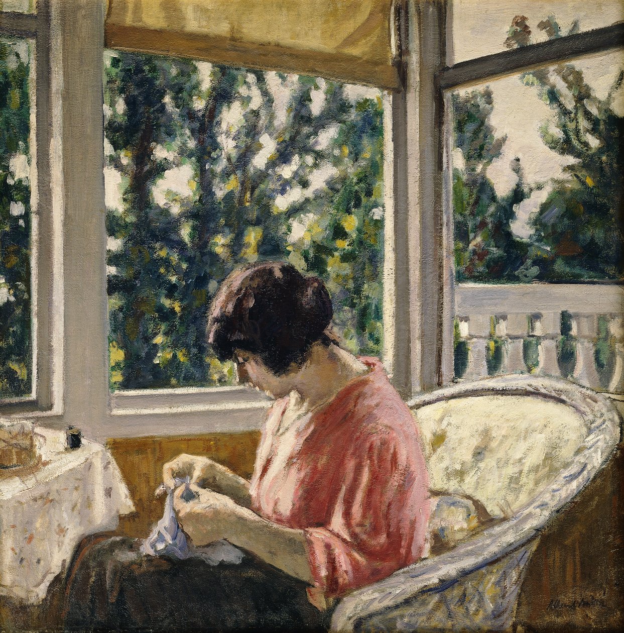 Ung kvinde, der syr; Jeune Femme Cousant, ca. 1913 (olie på lærred) af Albert Andre