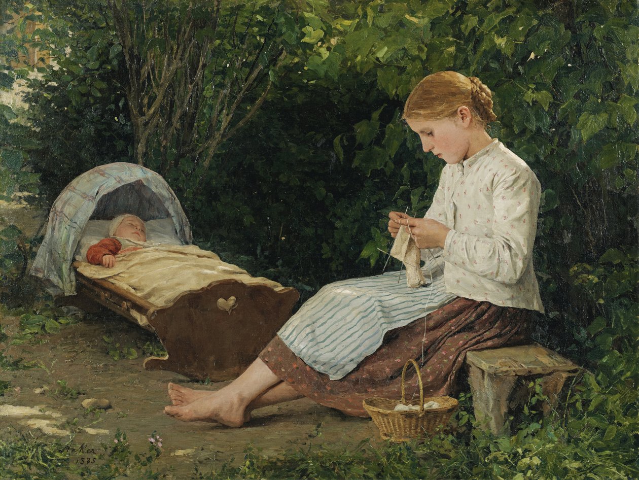 Strikkepige ser på det lille barn i en vugge af Anker, Albert (1831-1910). Olie på lærred, størrelse: 54x70 af Albert Anker