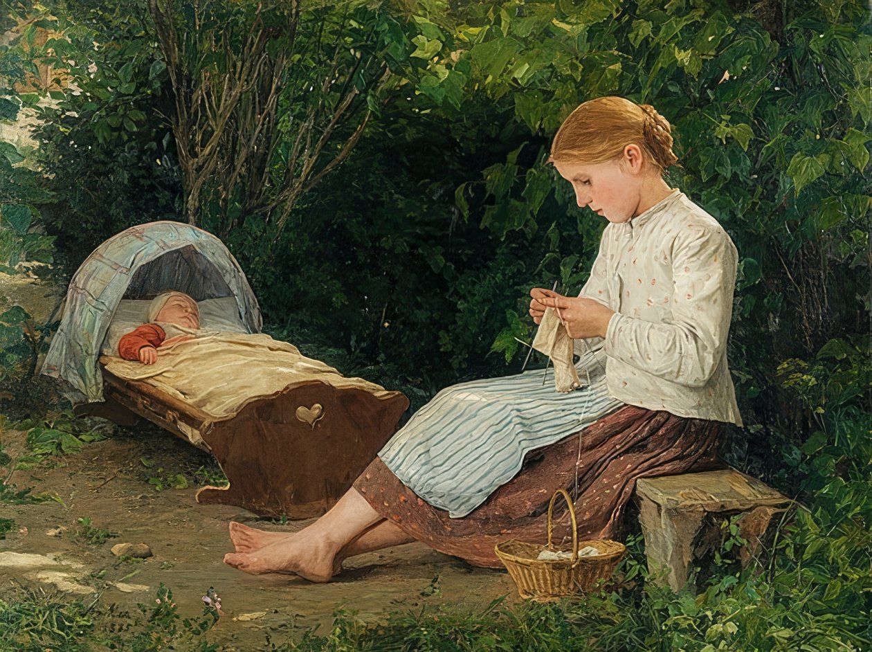 Strikkepige, lille barn i vuggen. 1885 af Albert Anker