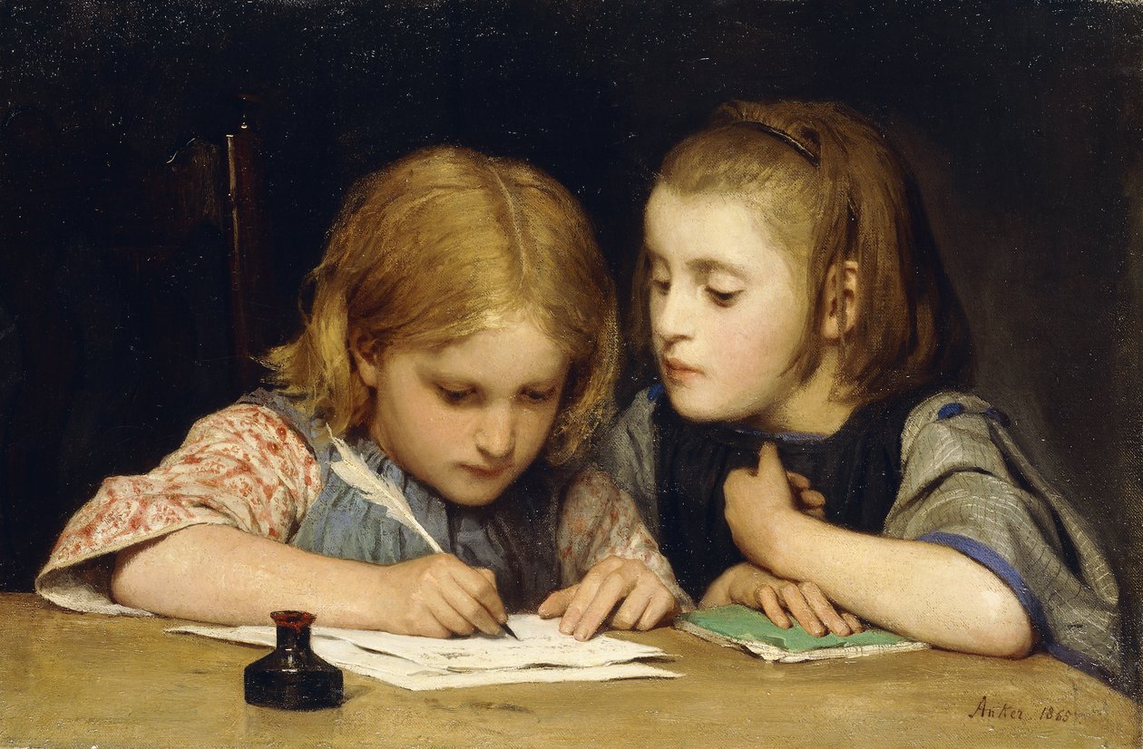 Lektionen; Skrivelektionen, 1865 af Albert Anker