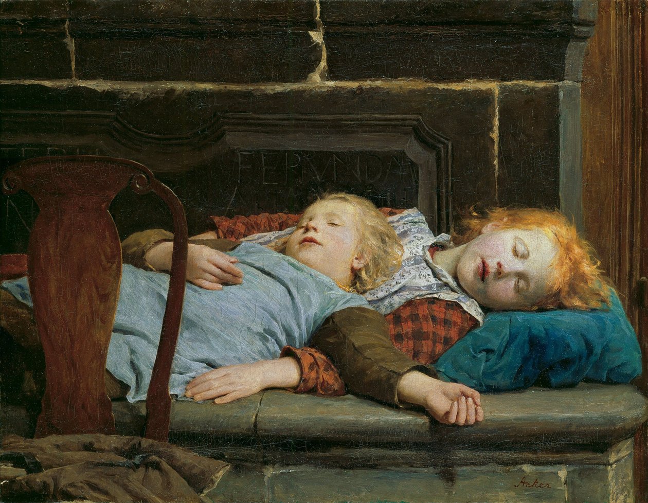 To sovende piger på komfurbænken af Anker, Albert (1831-1910). Olie på lærred af Albert Anker