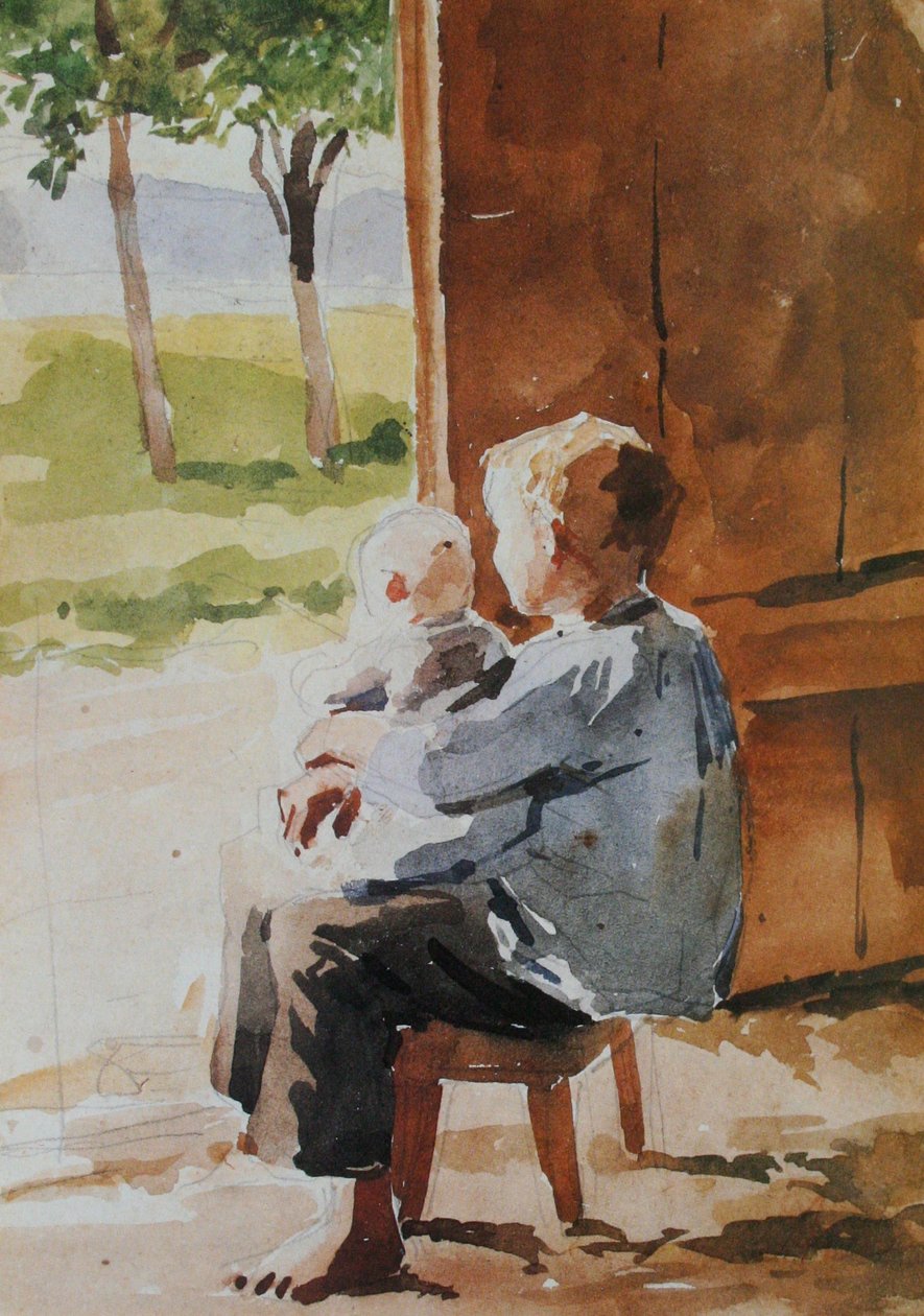 Ung dreng med et barn på skødet af Albert Anker