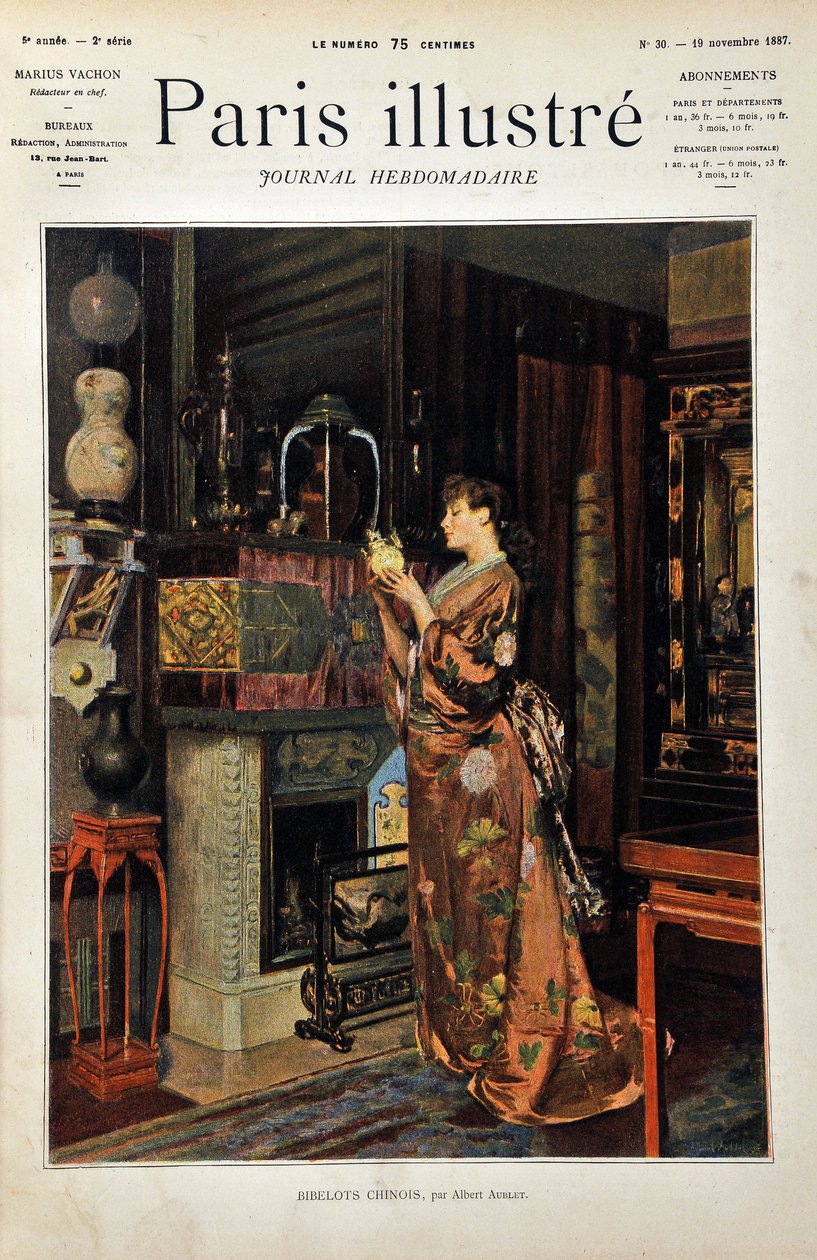 Kinesiske nipsgenstande En europæisk kvinde klædt i Orientale observerer sit udvalg af kinesiske genstande. Illustration af Albert Aublet (1851-1938). Indgravering fra 1887 i "" Paris-Illustrous journal weekly"". af Albert Aublet