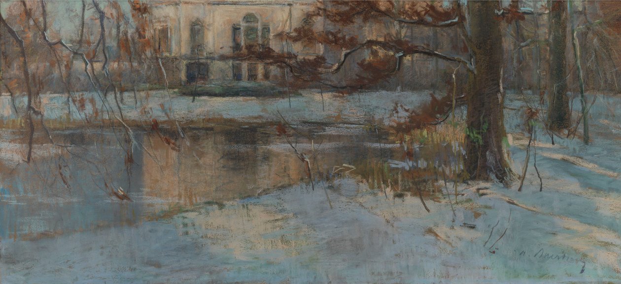 Hjørne af en dam, sne (Landsted og park under sne) af Albert Baertsoen