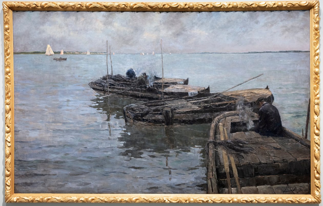 Paa Nedre Schelde, Sidste Straaler, Fortøjede Fiskere af Albert Baertsoen