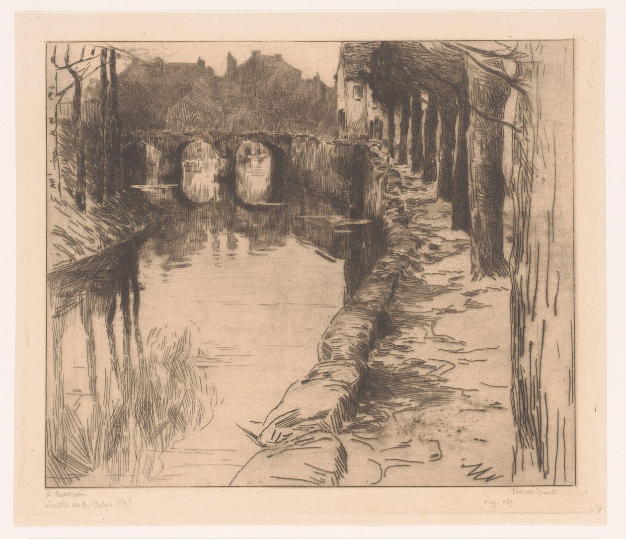 Gammel bro over en kanal i Diksmuide Vieux Pont (titel på objekt) Gammel bro i Diksmuide af Albert Baertsoen