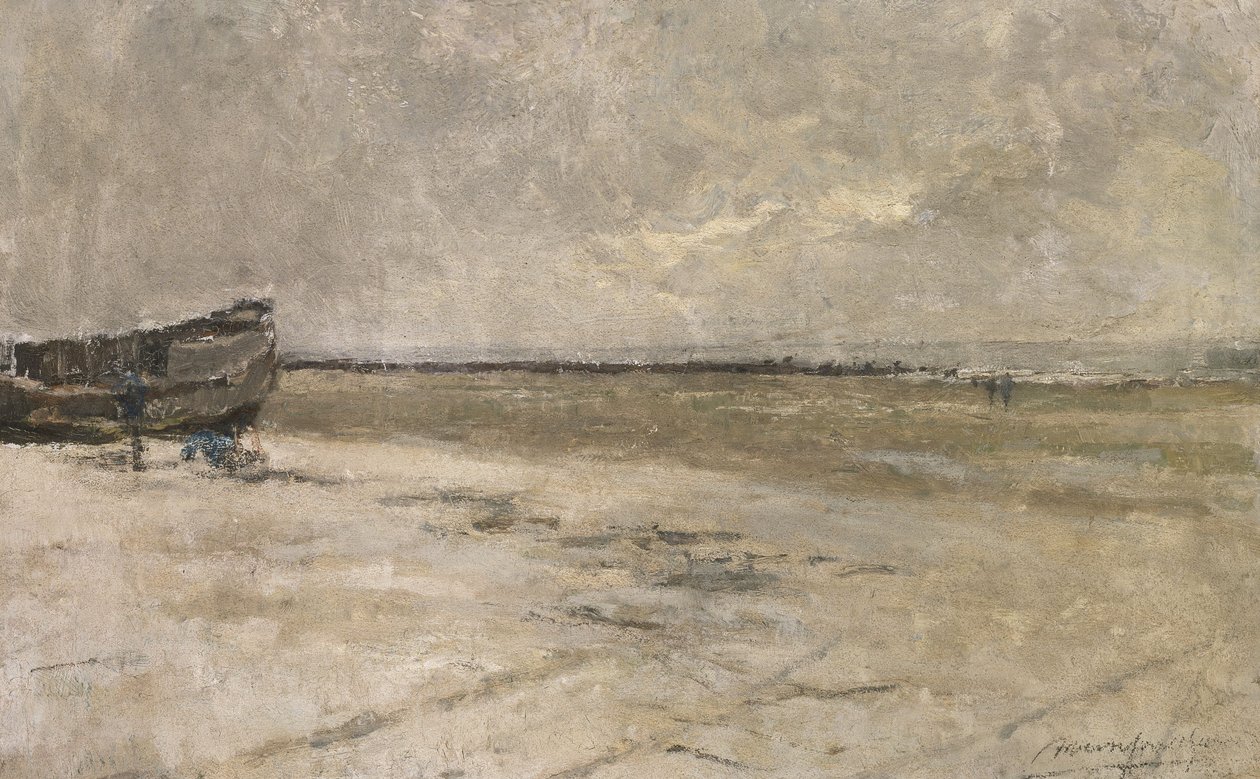 Strand, gråt vejr, strandscene i De Panne af Albert Baertsoen