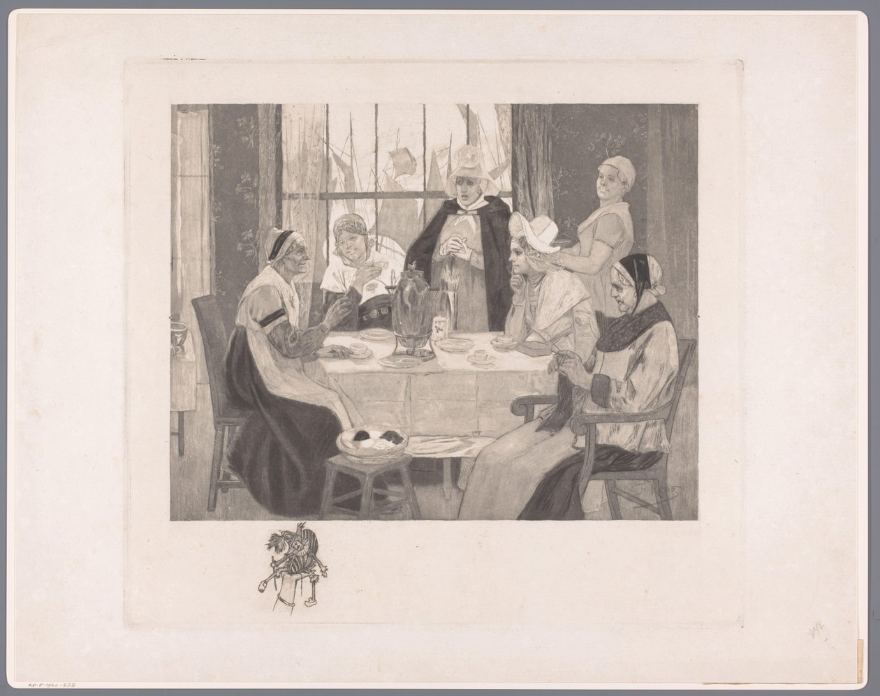 Selskab af kvinder i traditionel kostume ved bordet skandale af Albert Bertrand (attributed to)