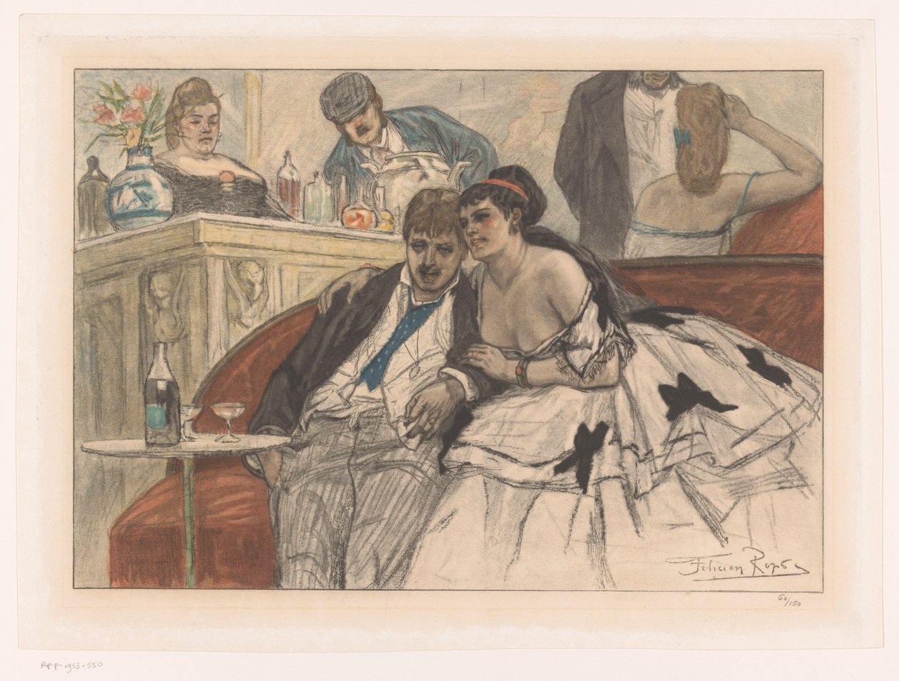 Mand og kvinde sidder på en rød sofa i baren på et teater Le gandin ivre af Albert Bertrand (attributed to)