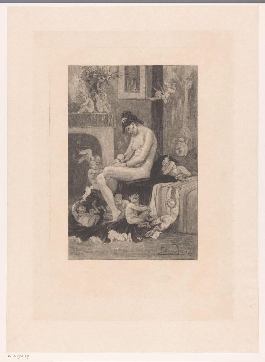 Nøgen kvinde på kanten af ​​en seng omgivet af dæmoner på spil La mere aux Satyrions af Albert Bertrand (attributed to)