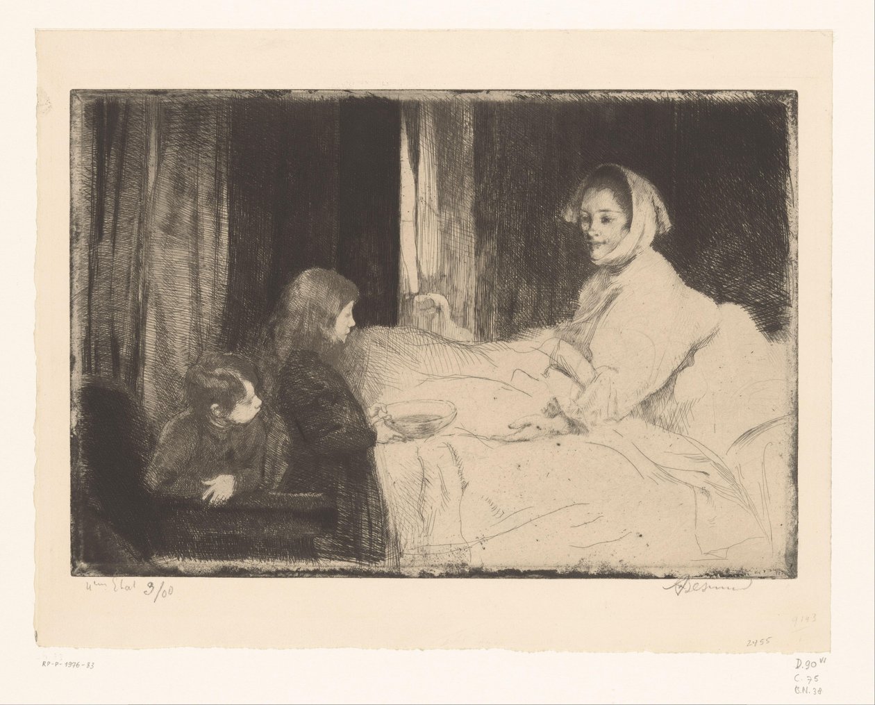 Børn ved deres mors seng af Albert Besnard (signed by artist)