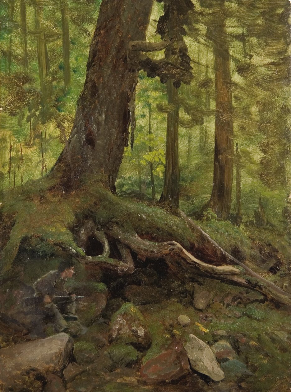 Jæger i de hvide bjerge nær Glen House (detalje) af Albert Bierstadt