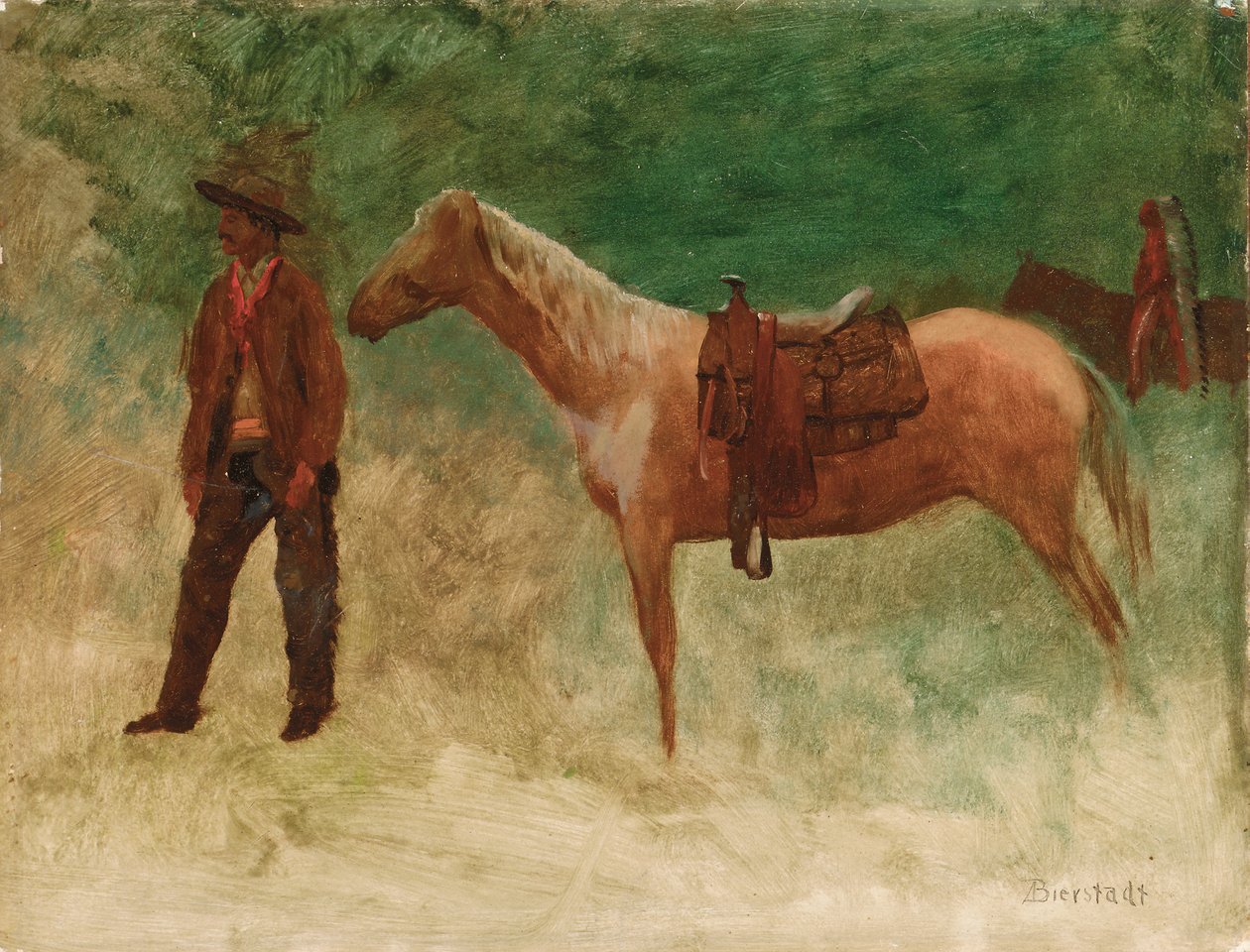 Seisova cowboy hevosen kanssa af Albert Bierstadt