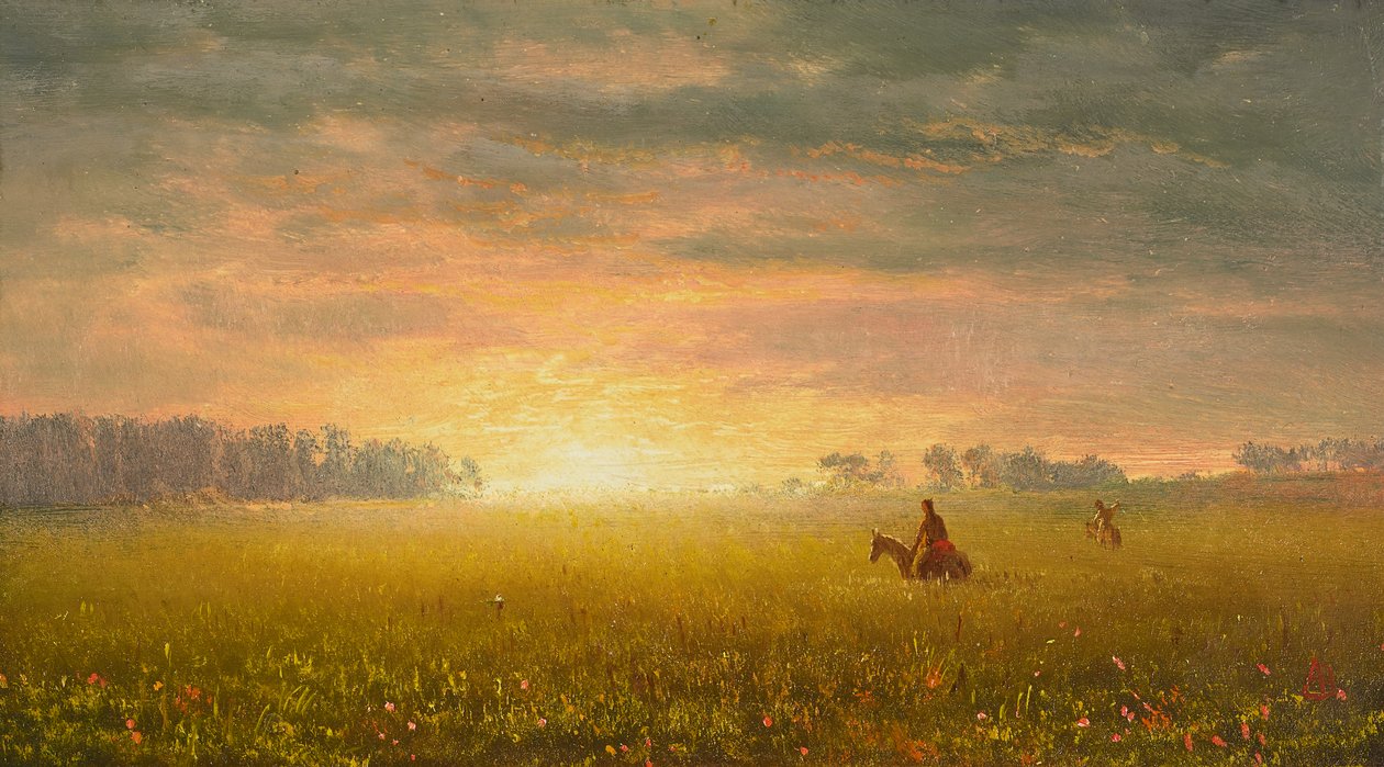 Solnedgang på prærien, ca. 1861 (olie på papir) af Albert Bierstadt