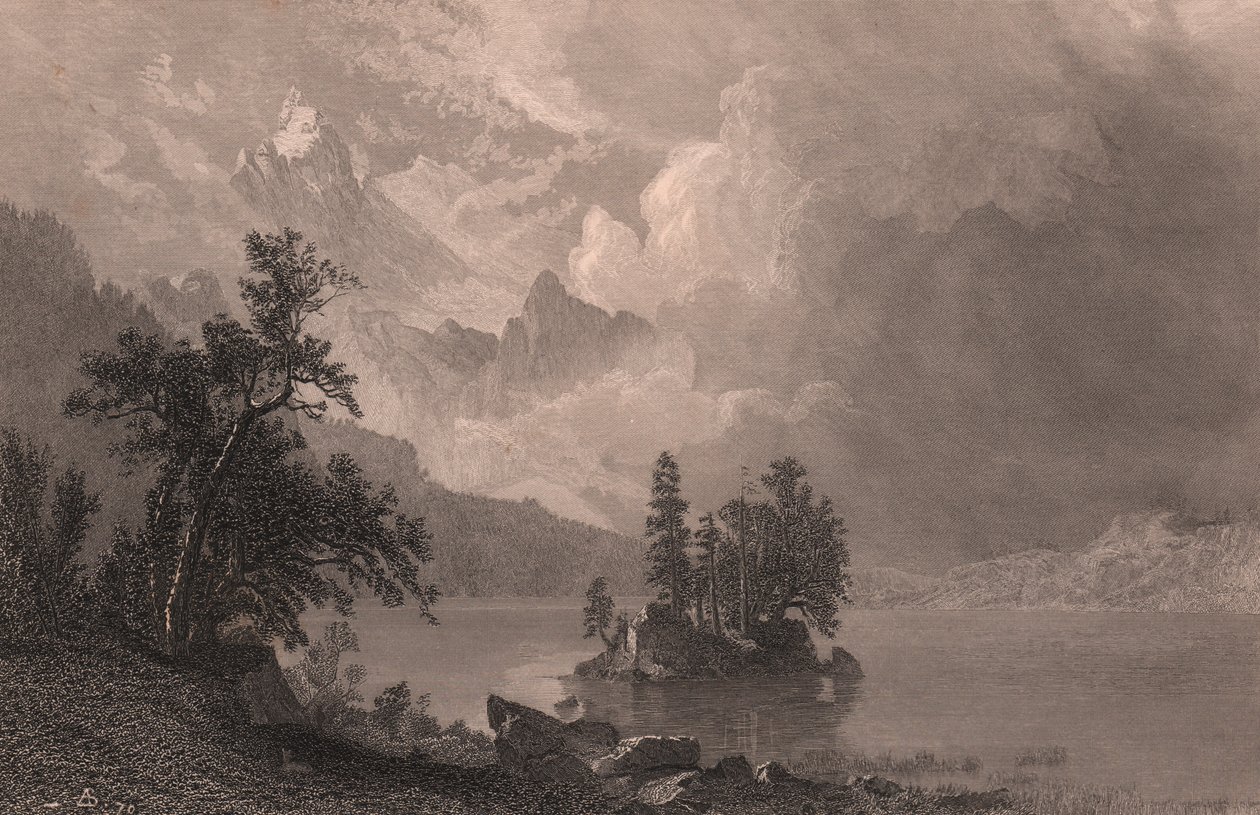 Udsigt over Lake Esther, Sierra Nevada, Californien, USA, stålgravering af Robert Hinshelwood (1812-efter 1875) efter maleri af Albert Bierstadt (1830-1902), ca. 19x14 cm af Albert Bierstadt