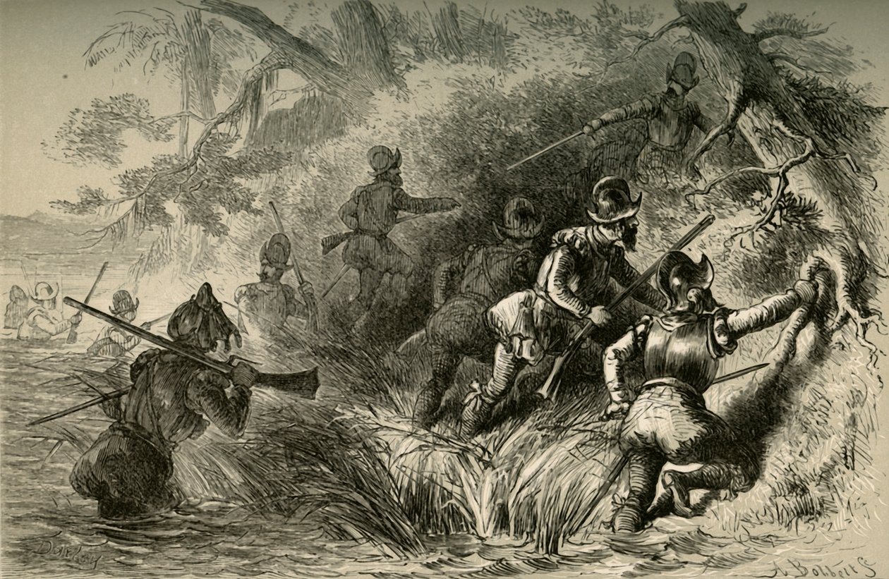 Franskmænd fortsætter med at angribe det spanske fort på St. Johns, 1877. af Albert Bobbett