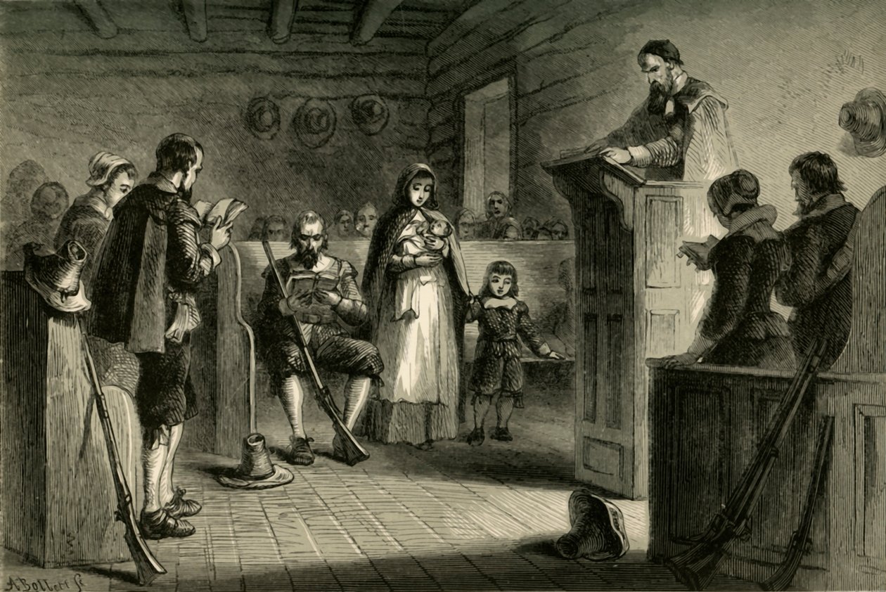 Offentlig gudstjeneste i Plymouth af pilgrimmene, 1877. af Albert Bobbett