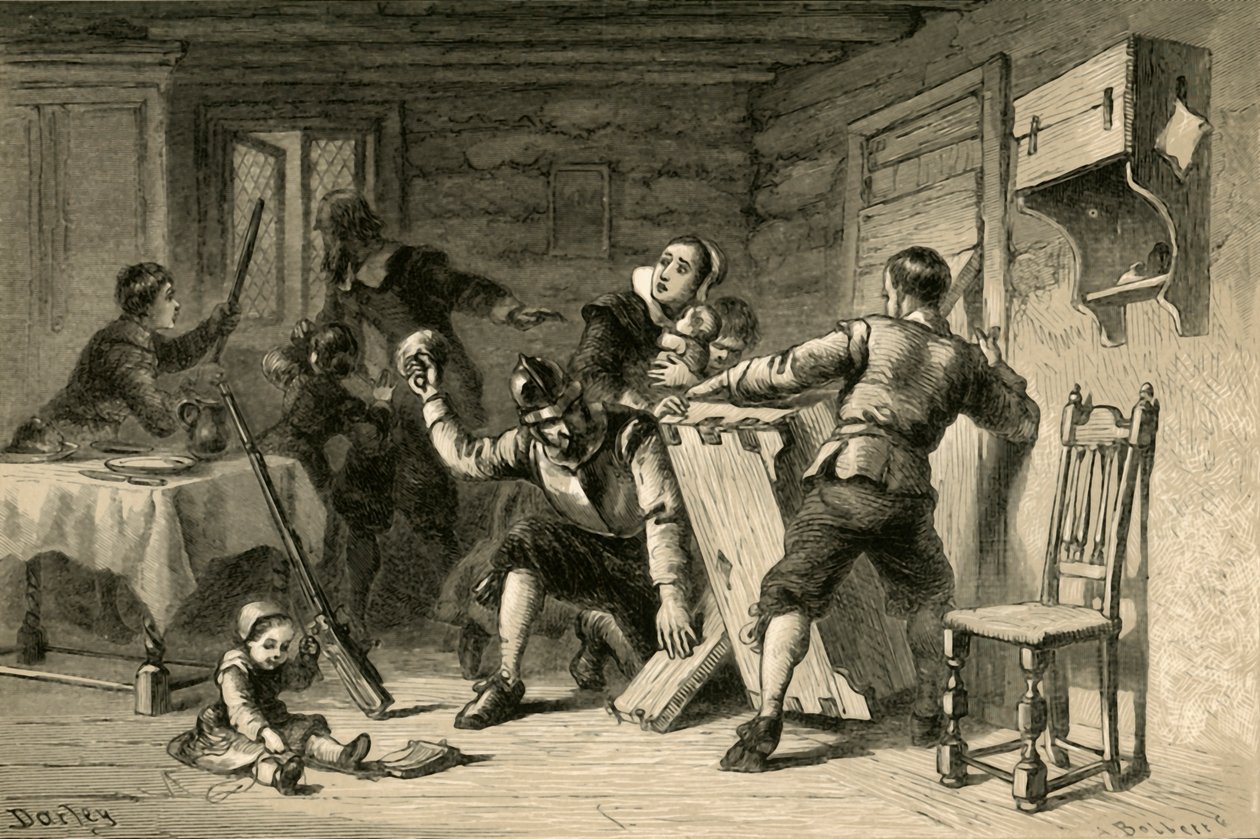 Puritanere barrikaderer deres hus mod indianere, 1877. af Albert Bobbett