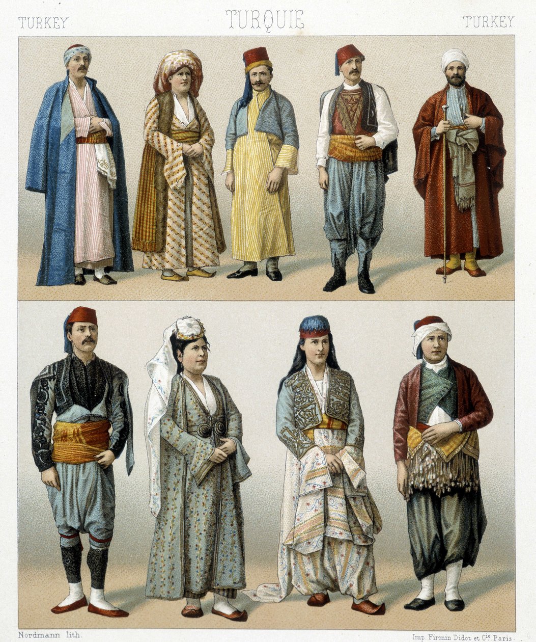 Tyrkiske kostumer fra det 19. århundrede. Illustration i "Le costume historique"" af Racinet af Albert Charles August Racinet