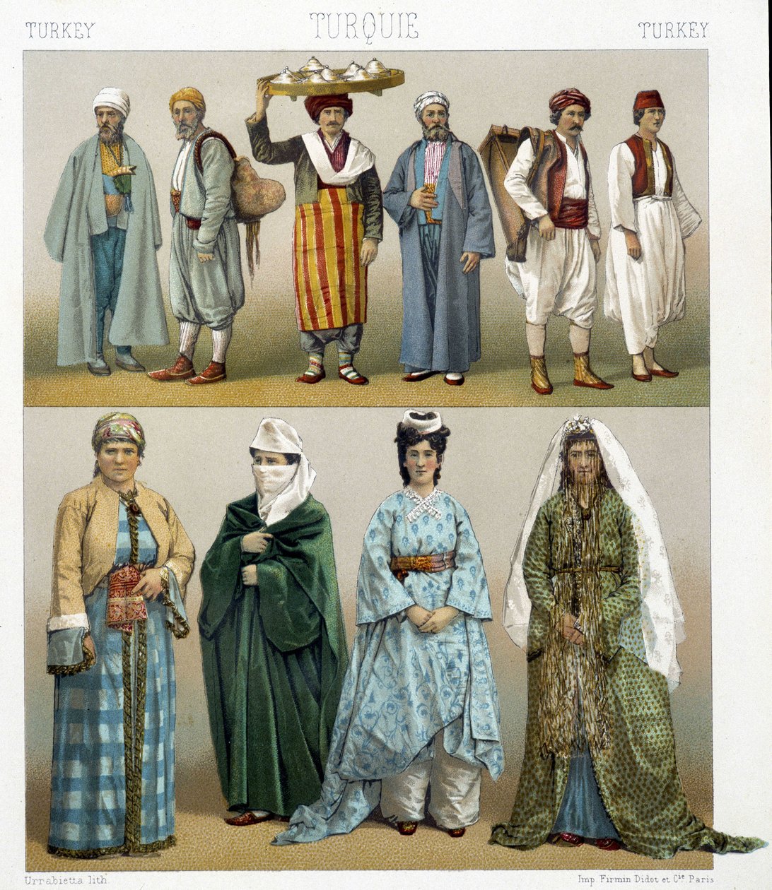 Tyrkiske kostumer fra det 19. århundrede. Illustration i "Le costume historique"" af Racinet af Albert Charles August Racinet