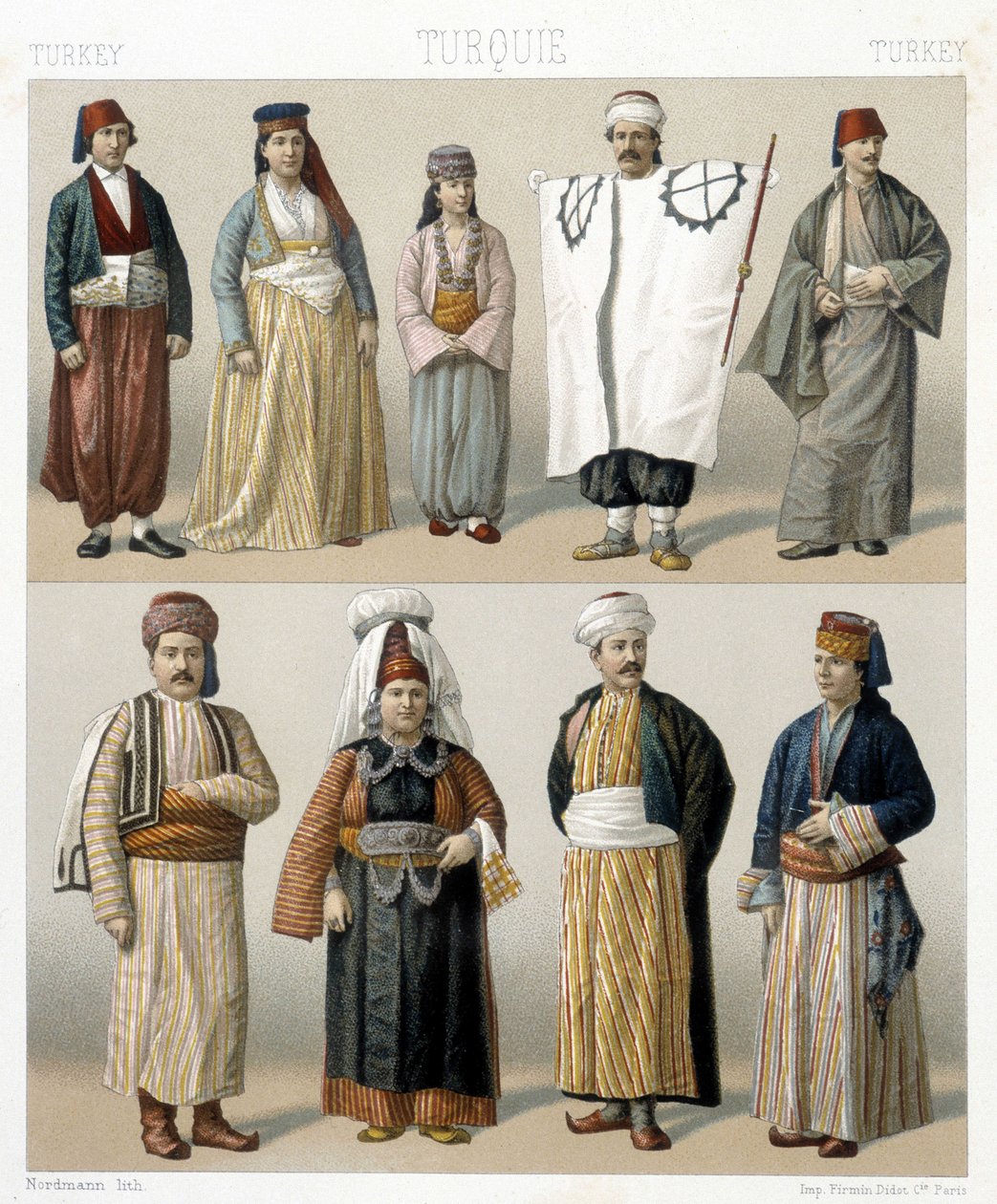 Tyrkiske kostumer fra det 19. århundrede. Illustration i "Le costume historique"" af Racinet af Albert Charles August Racinet