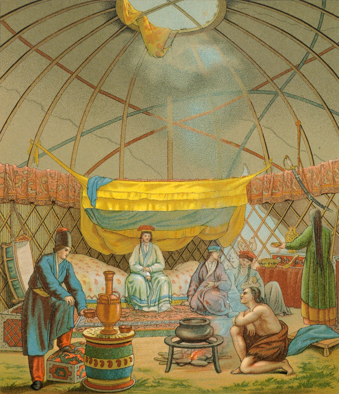 A Kalmyk, a Kalmuk Telt, Illustration fra The Complete Costume History af Racinet Auguste af Albert Charles August Racinet