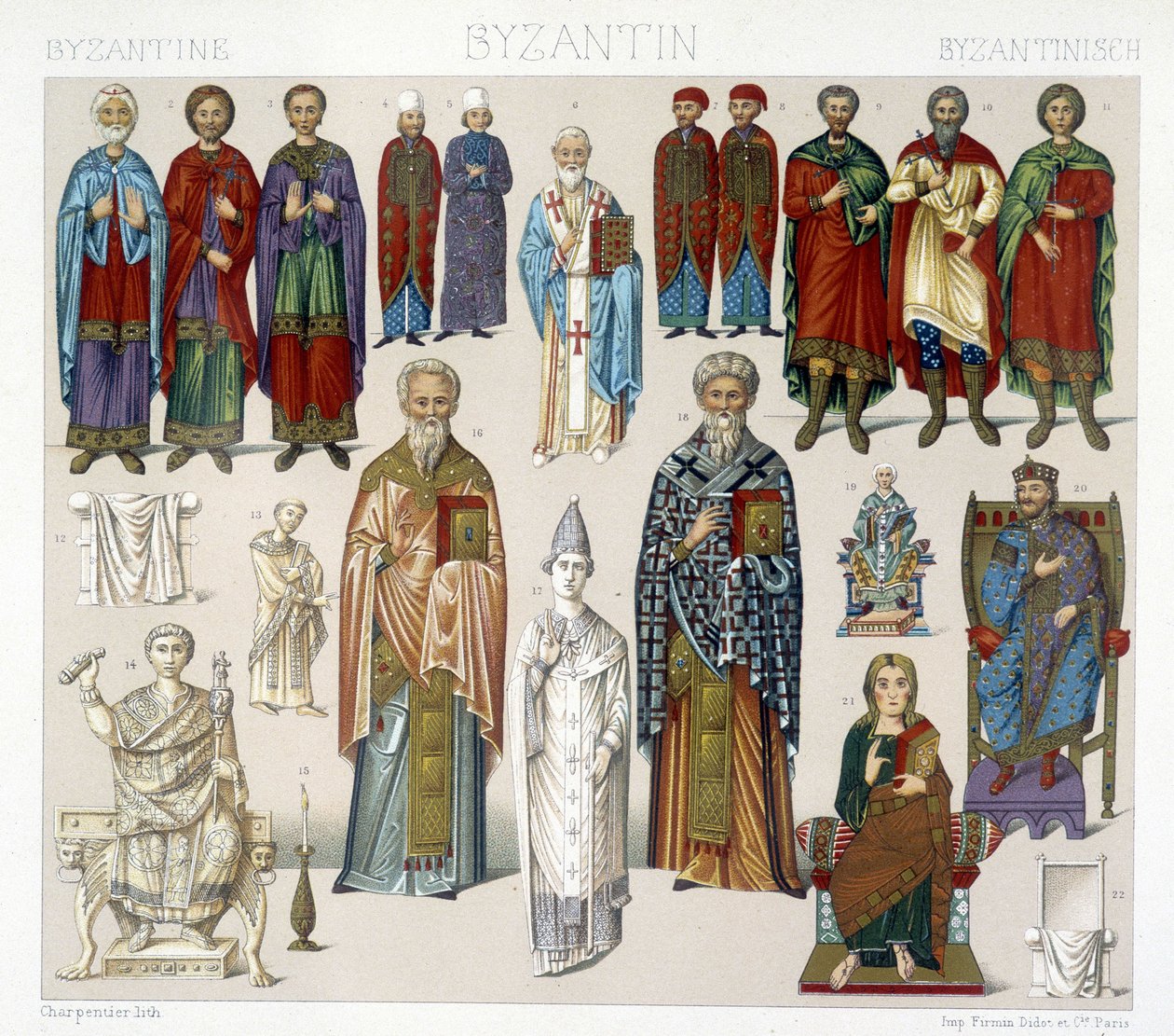Byzantinske kostumer. Illustration i "Det historiske kostume" af Racinet af Albert Charles August Racinet