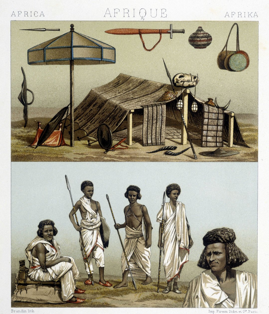 Lejr og traditionelt tøj fra Nubien. Illustration i "" Le costume historique"" af Racinet af Albert Charles August Racinet