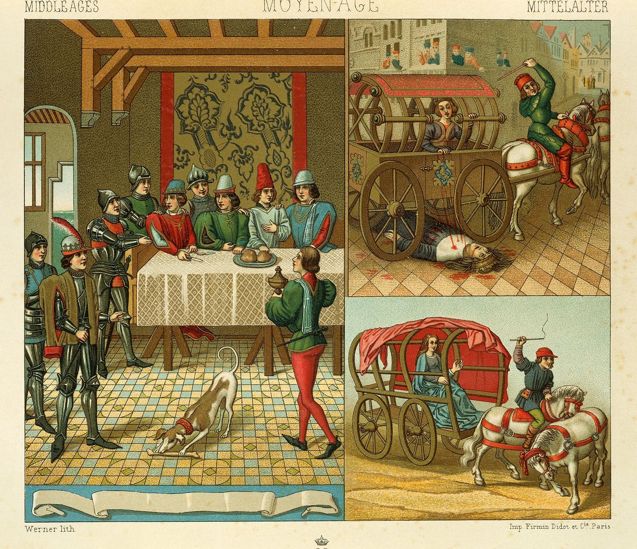 Slotsliv og transportmidler i den 14., Illustration fra The Complete Costume History af Racinet Auguste af Albert Charles August Racinet