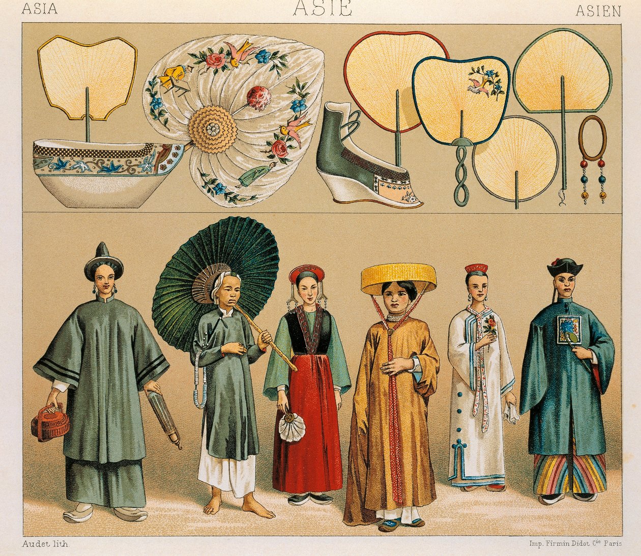 Tøj fra kinesiske kvinder og fra regionen Tartary, Illustration fra Complete Costume History af Auguste Racinet af Albert Charles August Racinet