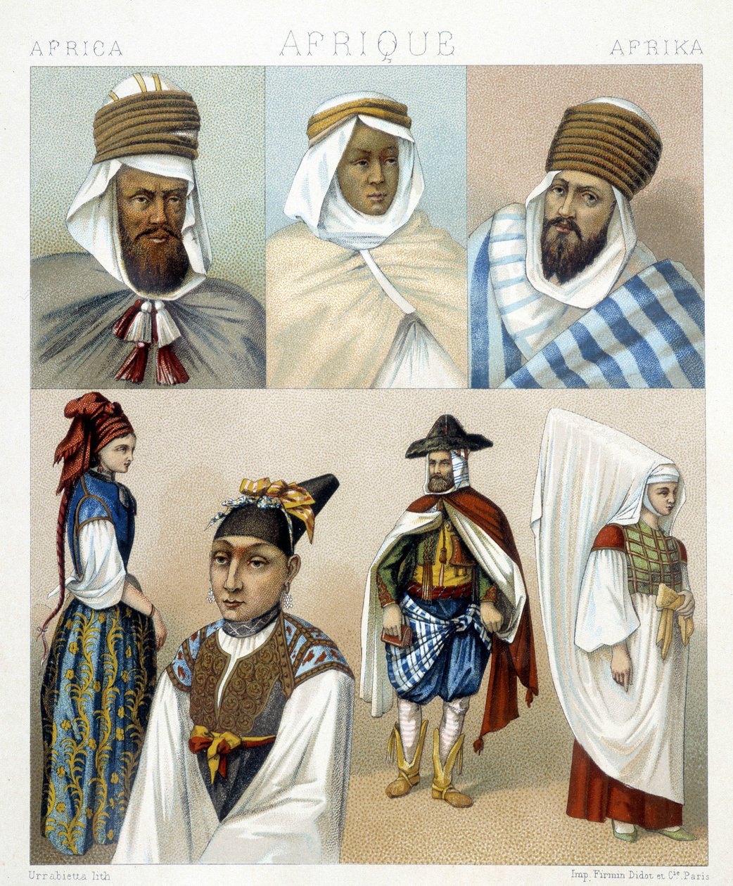 Kostumer og frisurer fra Algeriet. Illustration i "" Le costume historique"" af Racinet af Albert Charles August Racinet