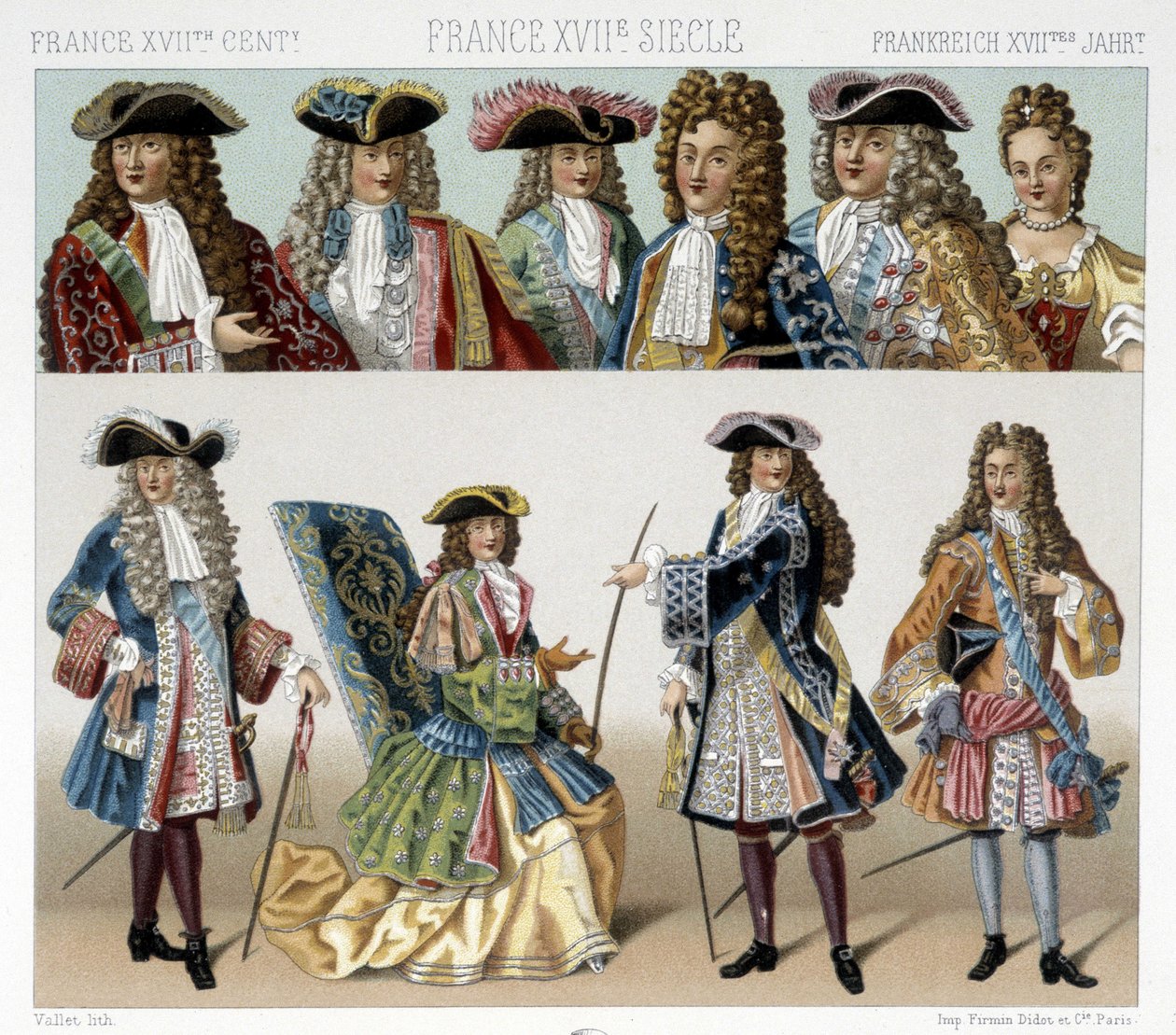 Kostumer og frisurer fra den franske adel i det 18. århundrede. Illustration i "" Le costume historique"" af Racinet af Albert Charles August Racinet