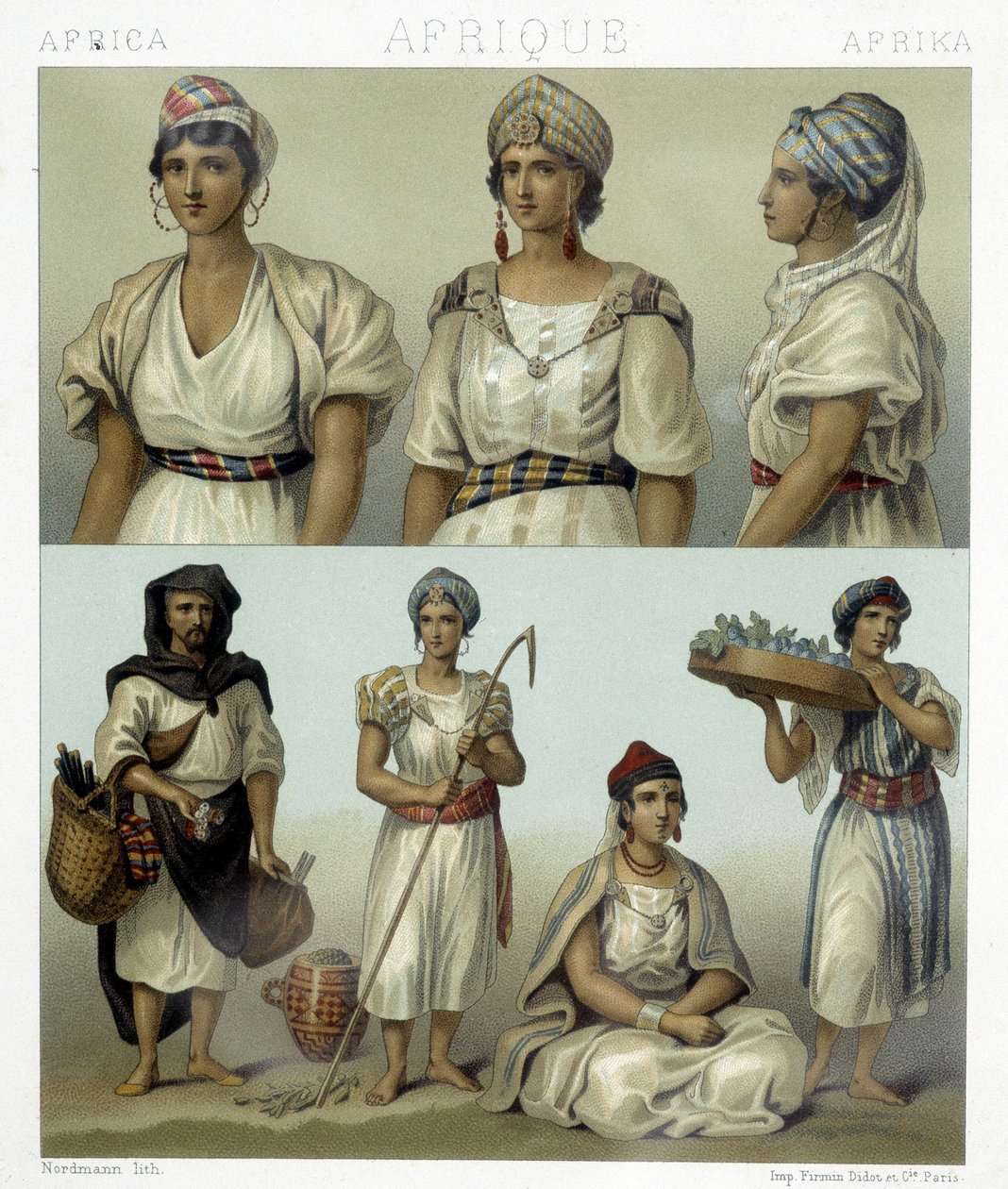 Kostumer og hovedbeklædning af kabylkvinder (øverst). Tunesiske og algeriske kostumer (nederst). Illustration i "" Le costume historique"" af Racinet af Albert Charles August Racinet
