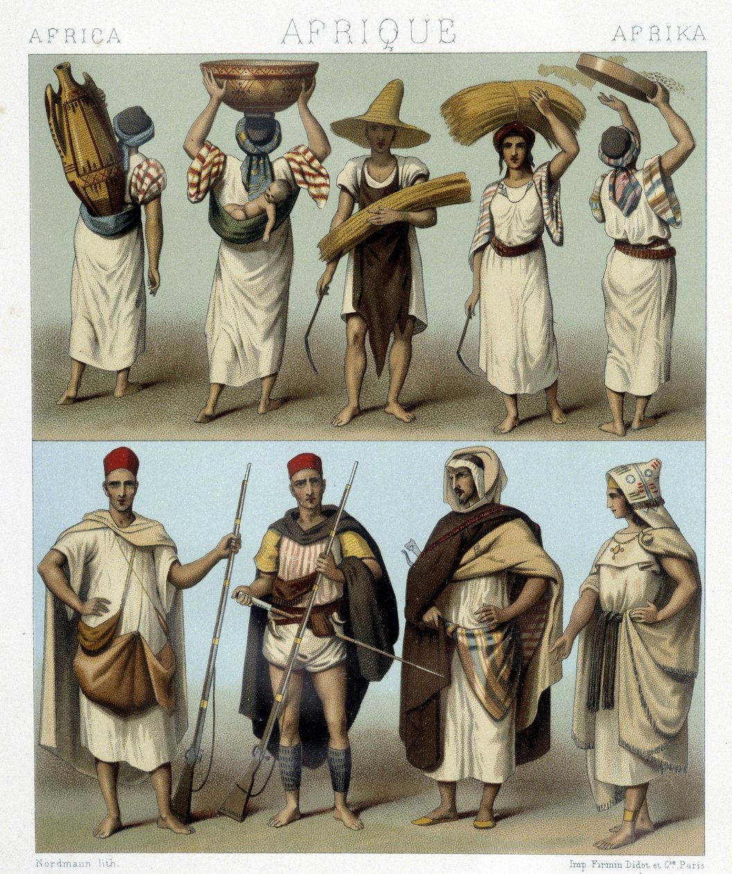 Kostumer fra Algeriet og Tunesien. Illustration i "Le costume historique"" af Racinet af Albert Charles August Racinet