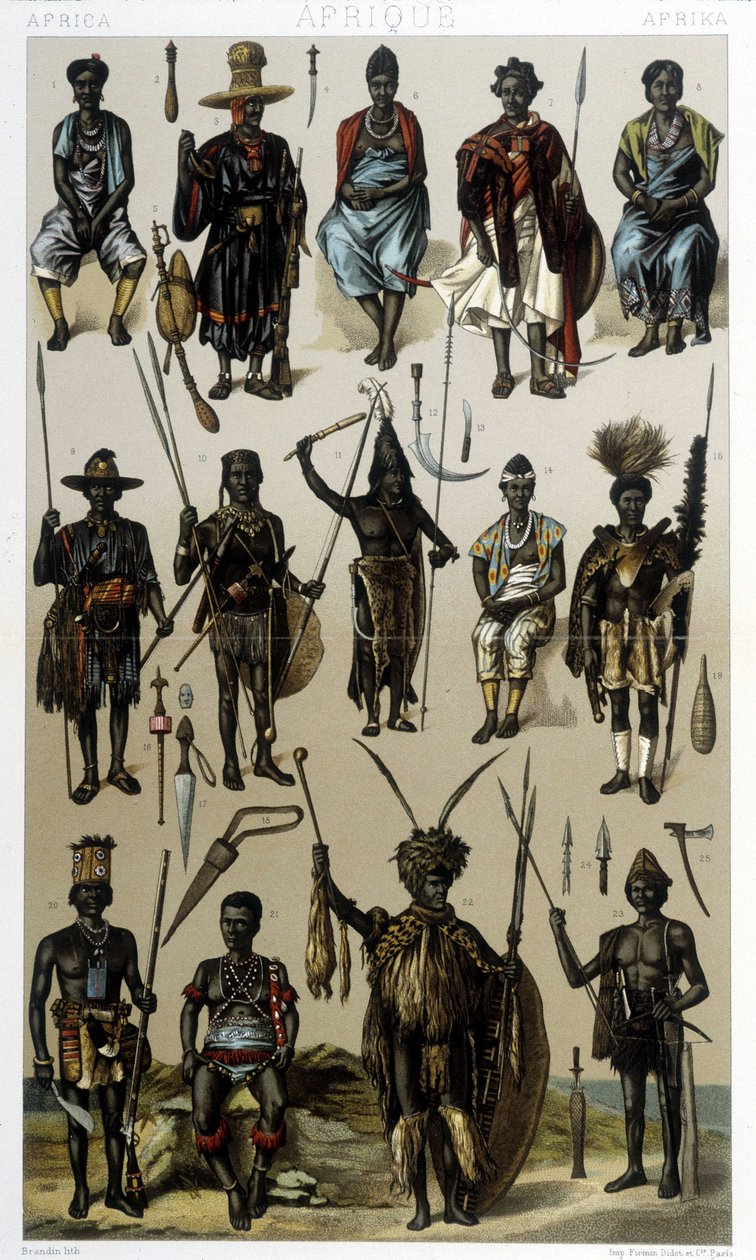Kostumer fra Guinee, Senegal og Gabon. Illustration i "Le costume historique"" af Racinet af Albert Charles August Racinet